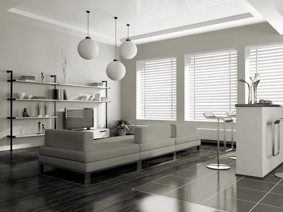 Modern living room with elegant blinds and shades